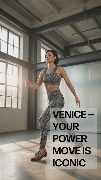 a video showing A model transitioning outfits from the venice sculpt leggings and matching performance bra to wearing a beige trench coat  and underneath the Venice slim fit high-waisted athletic joggers and matching sweatshirt with a dark navy blue background and an intricate botanical pattern in gold, beige, and light blue. The joggers feature a small red logo on the left hip. 