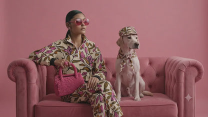 A model wearing the terra flow joggers and shell, a beige floral print tracksuit, pink sunglasses, and a pink beaded necklace sits on a pink velvet sofa next to a  dog in a matching outfit.