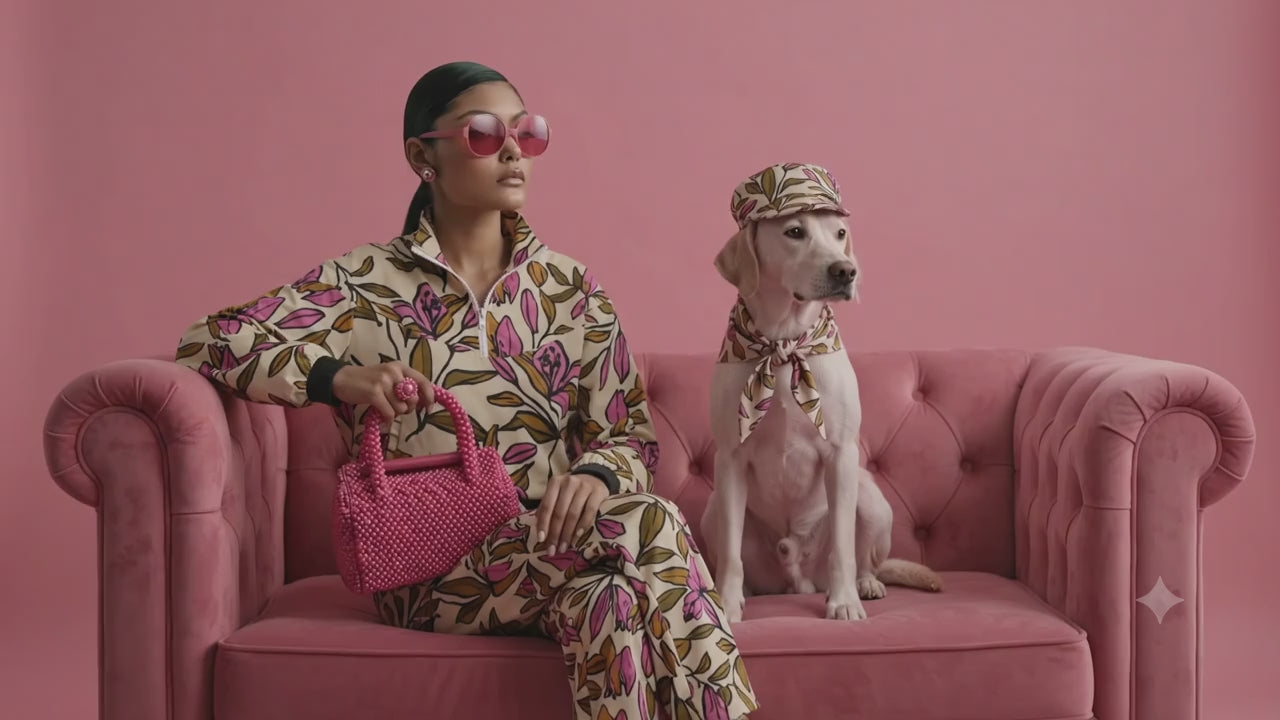 A model wearing the terra flow joggers and shell, a beige floral print tracksuit, pink sunglasses, and a pink beaded necklace sits on a pink velvet sofa next to a  dog in a matching outfit.