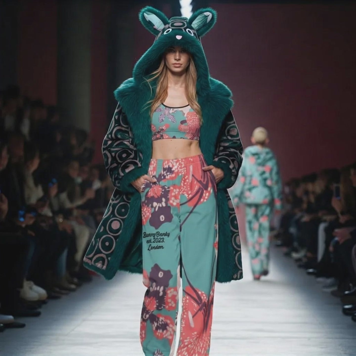 Load video: A proprietary BunnyBankY AI model wearing a full activewear set (Performance Bra and Flow Wide Joggers) with bunny ears, walking a high-fashion runway. The video showcases the dynamic movement, fit, and vibrant print of the clothing, illustrating the brand's fusion of AI innovation and premium activewear.