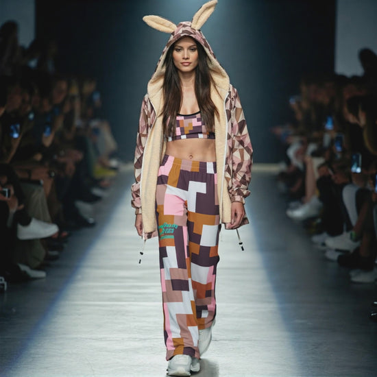 Video shows an AI Proprietary Model walking a catwalk, wearing the full Marais Digital Atelier Set: the supportive Performance Bra and the matching wide-leg pants/flow joggers. Highlights the fluid movement of the pants and the sophisticated pink, brown, and white Cubism geometric print on the model.