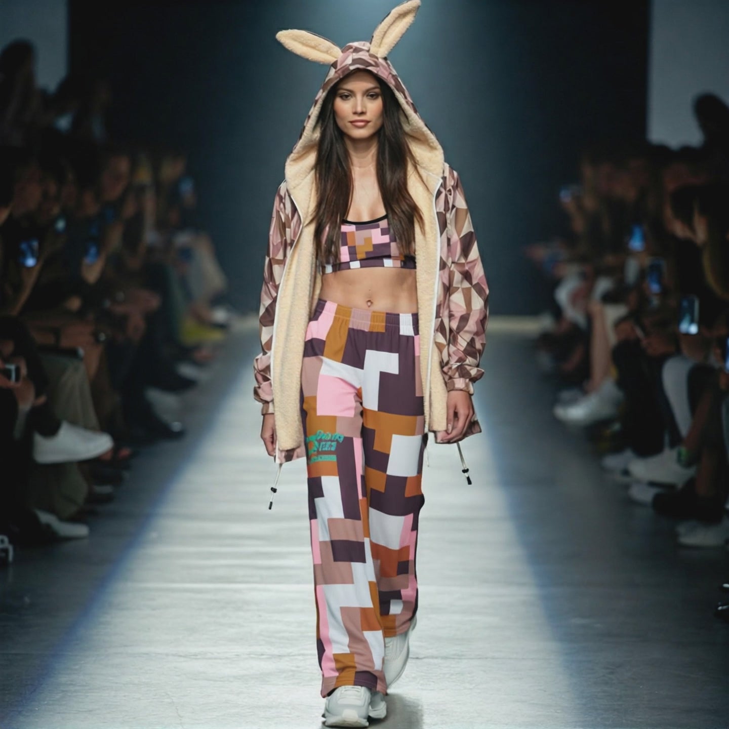 Load video: Video shows an AI Proprietary Model walking a catwalk, wearing the full Marais Digital Atelier Set: the supportive Performance Bra and the matching wide-leg pants/flow joggers. Highlights the fluid movement of the pants and the sophisticated pink, brown, and white Cubism geometric print on the model.