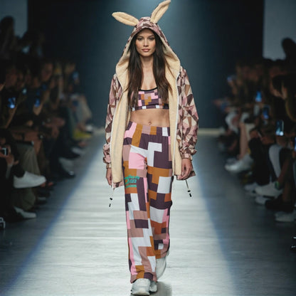 Video shows an AI Proprietary Model walking a catwalk, wearing the full Marais Digital Atelier Set: the supportive Performance Bra and the matching wide-leg pants/flow joggers. Highlights the fluid movement of the pants and the sophisticated pink, brown, and white Cubism geometric print on the model.