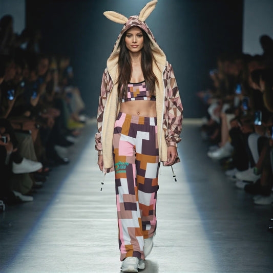 Video shows an AI Proprietary Model walking a catwalk, wearing the full Marais Digital Atelier Set: the supportive Performance Bra and the matching wide-leg pants/flow joggers. Highlights the fluid movement of the pants and the sophisticated pink, brown, and white Cubism geometric print on the model.