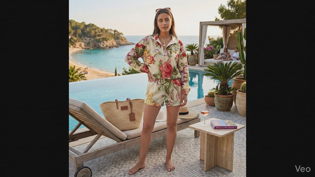A slow-motion cinematic video of a model at a luxury resort wearing 'The Las Vegas' matching set by BunnyBanky. The camera pans to show the vintage floral tapestry quarter-zip pullover and 2.5-inch athletic shorts as the model stands confidently by an infinity pool overlooking a Mediterranean coast at sunset.
