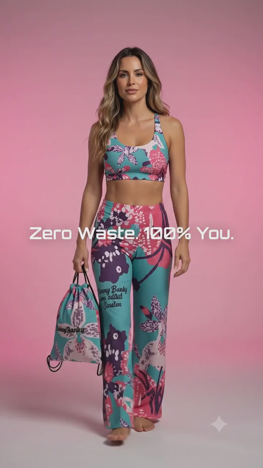 BunnyBanky proprietary AI Model wearing the Signature Frequency activewear set including a tropical print performance sports bra and matching wide-leg flow joggers against a solid pink studio background, holding a matching drawstring bag.