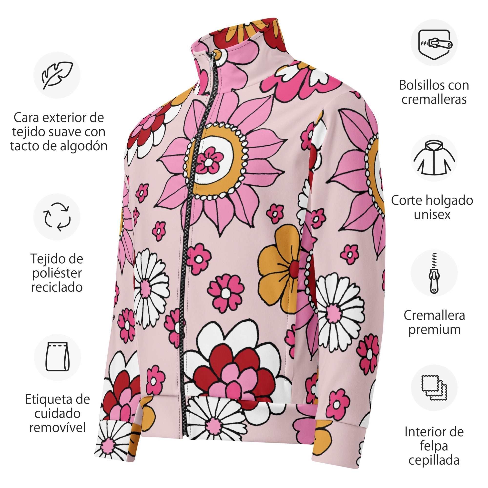 A close-up of The Primrose Hill Track Jacket's recycled polyester fabric, highlighting the texture and the intricate, oversized pink and yellow floral print detail.