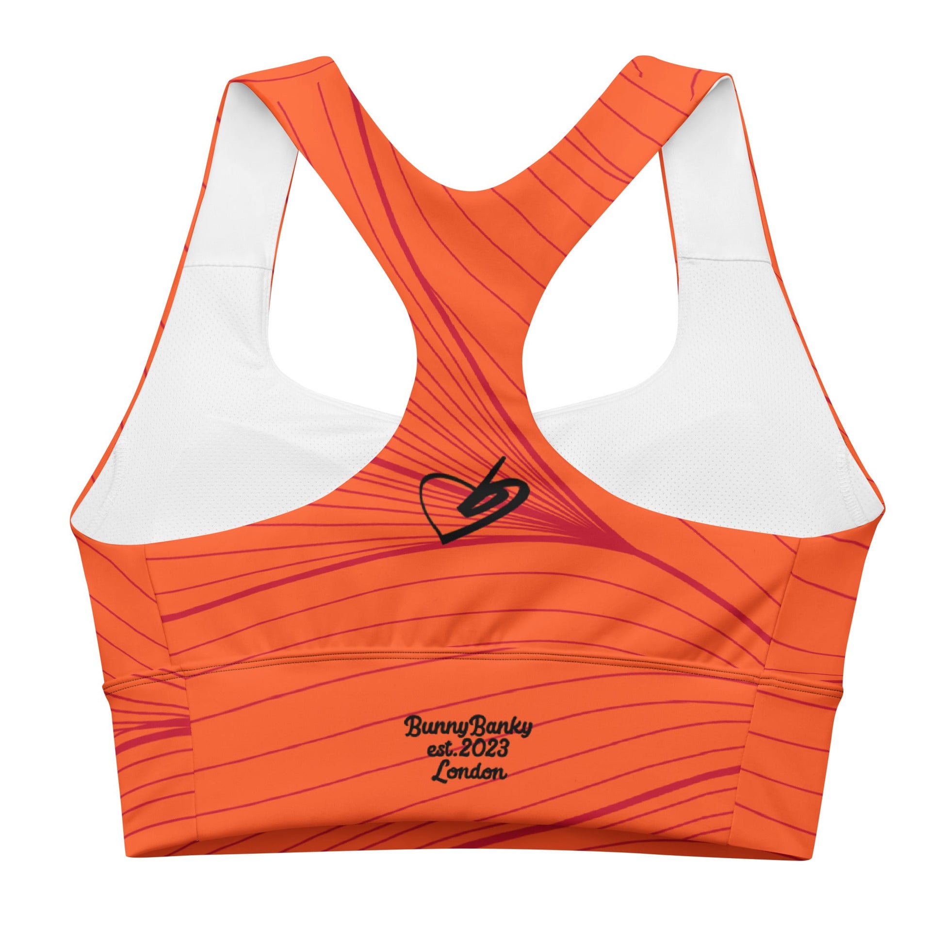 The Rhodes Longline Performance Bra in vibrant orange geometric lines on orange background with the iconic logo and signature print at the back