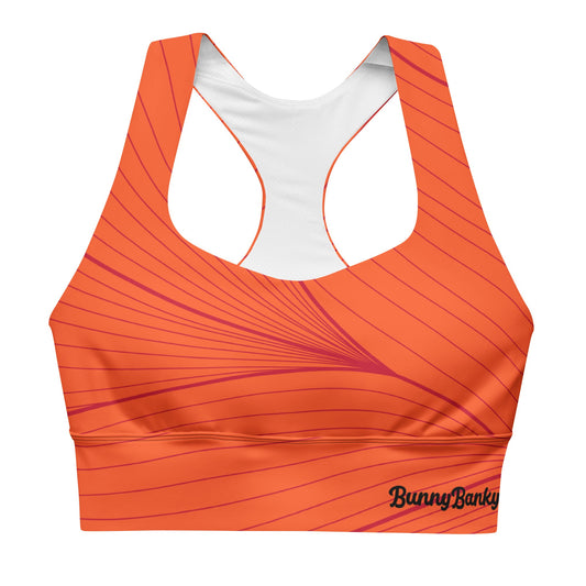 the Rhodes Longline Performance Bra in vibrant orange geometric lines on orange background with the iconic logo and signature print at the back