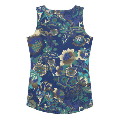 The rio performance tank. a sleeveless athletic tank top with a detailed botanical and floral pattern in navy blue, teal, and gold, paired with dark gray leggings, against a plain white background.