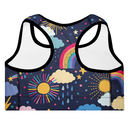  the Riverside Performance Bra showcasing the dreamlike print of clouds, stars and rainbows on navy blue background 
