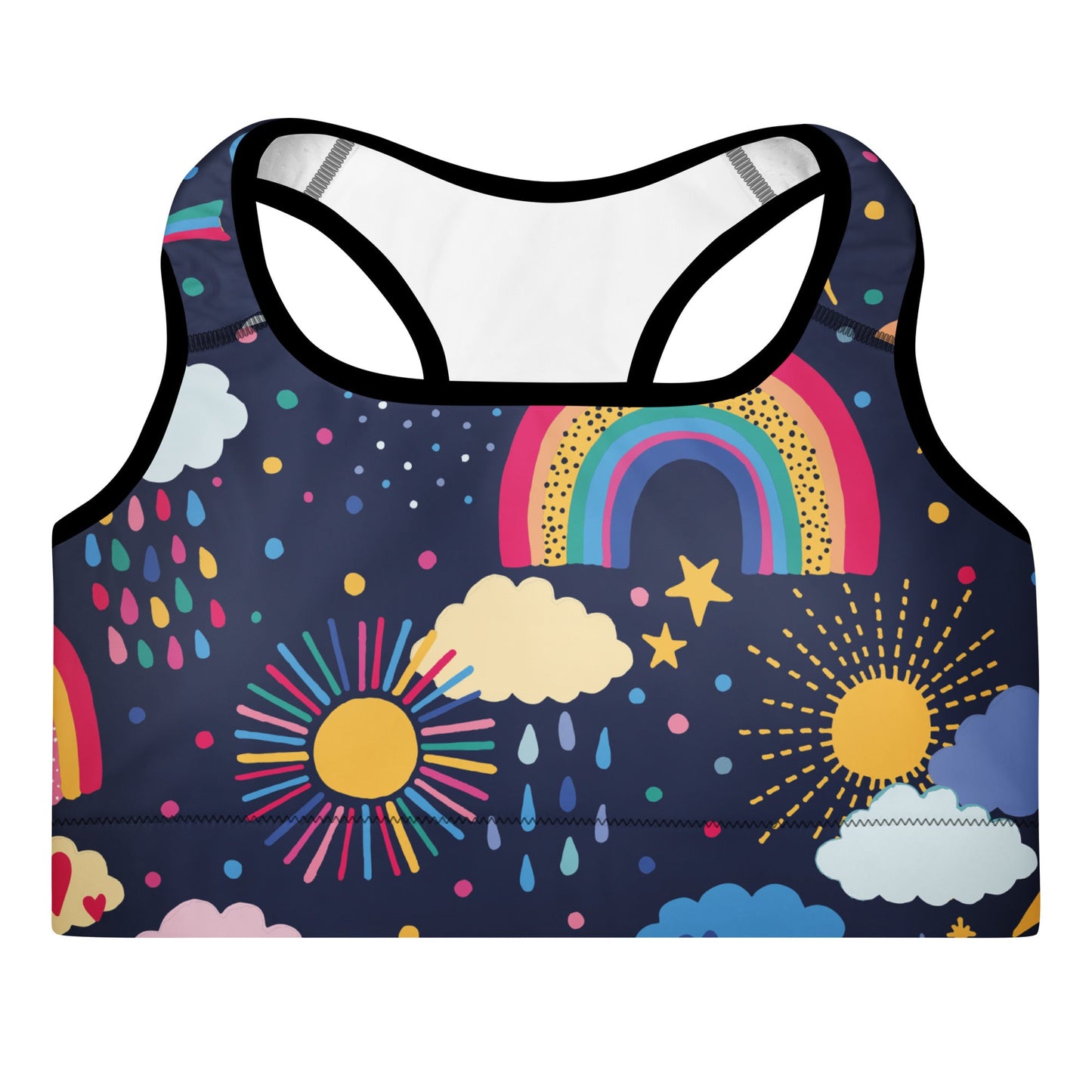 the Riverside Performance Bra showcasing the dreamlike print of clouds, stars and rainbows on navy blue background 