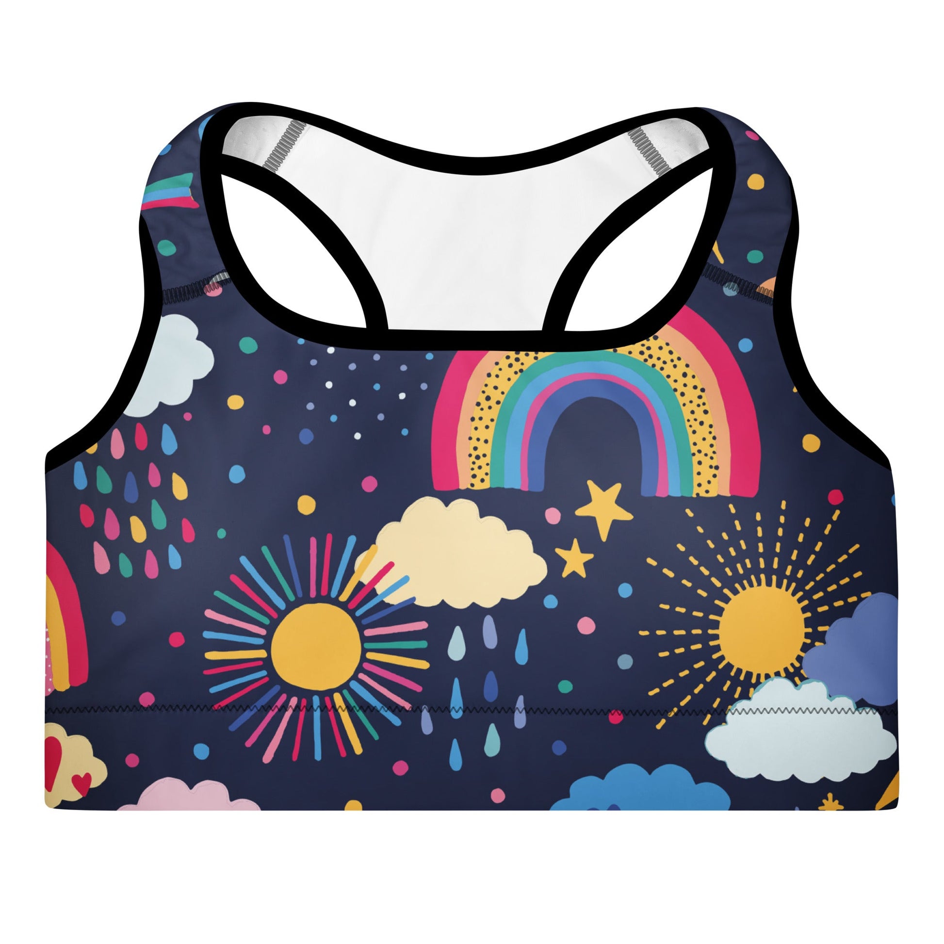 the Riverside Performance Bra showcasing the dreamlike print of clouds, stars and rainbows on navy blue background 