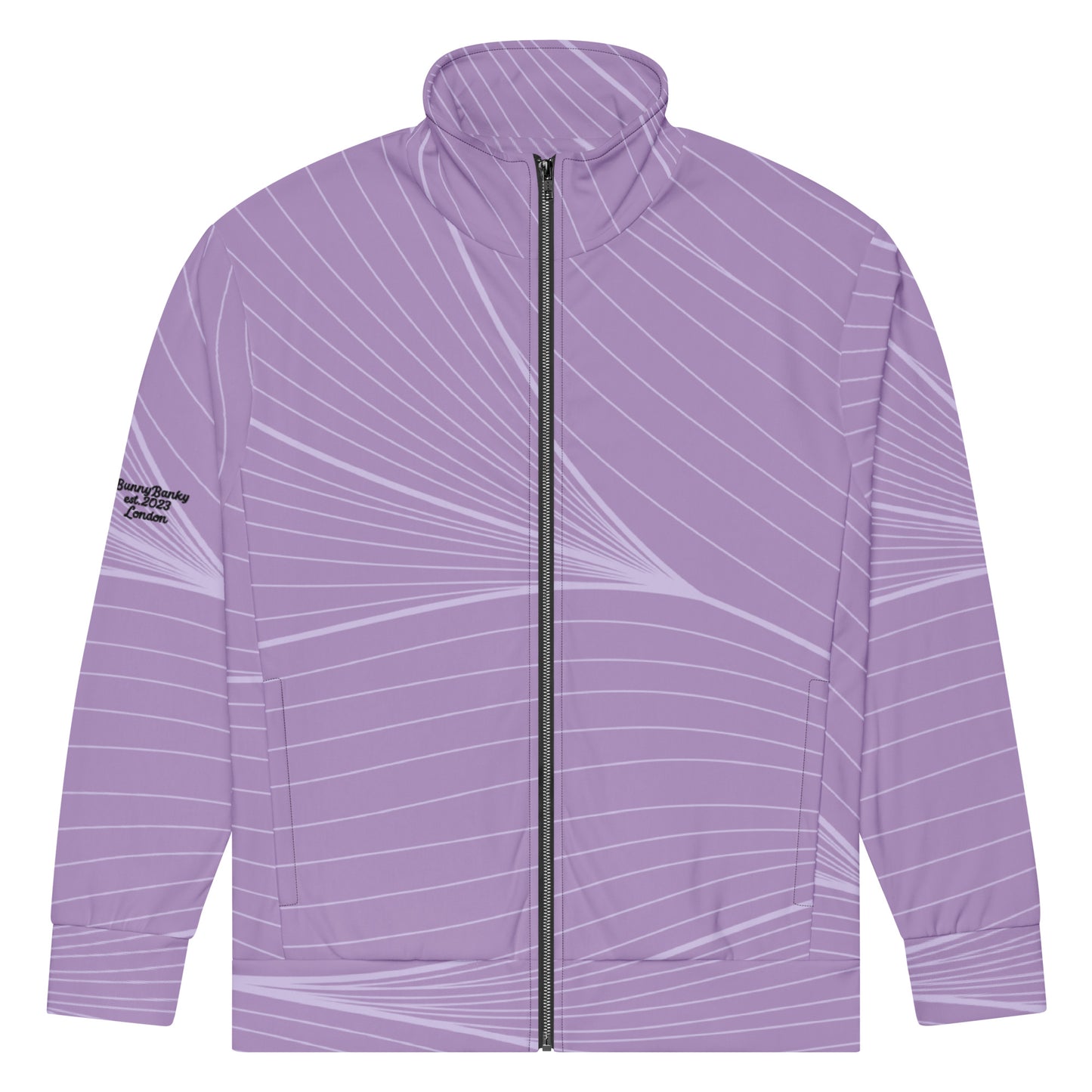 The Roma Track Jacket, showing the lightweight fit and the vibrant lilac graphic print 