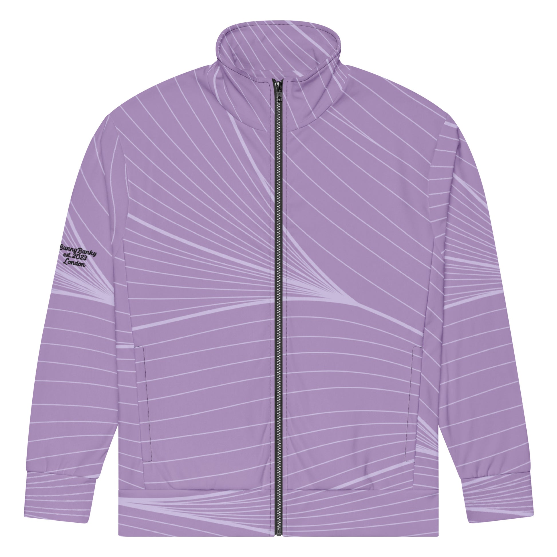 The Roma Track Jacket, showing the lightweight fit and the vibrant lilac graphic print 