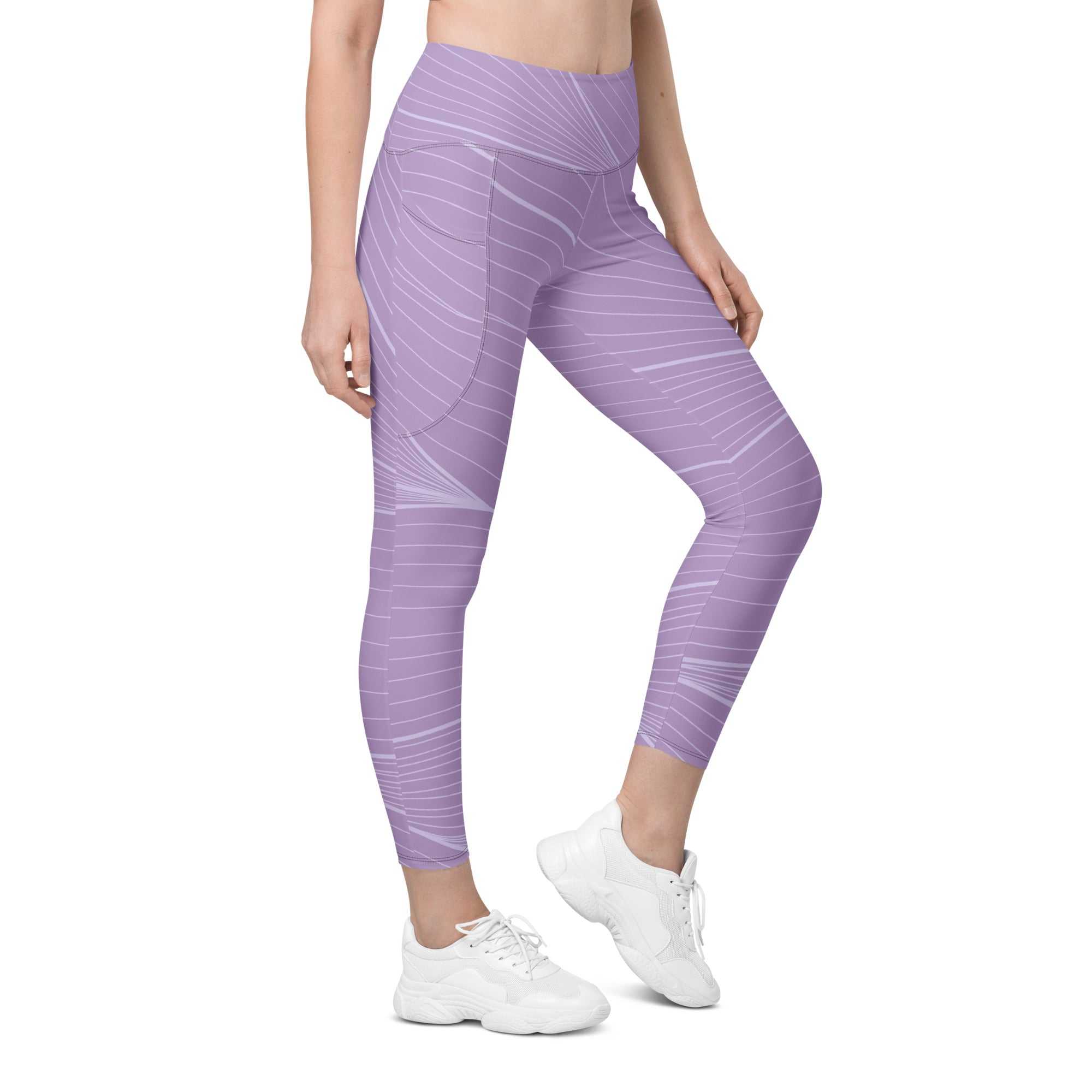 The Roma Sculpt Leggings in light lilac with graphic spiral line print, high-waisted mild compression fit, and dual side pockets.