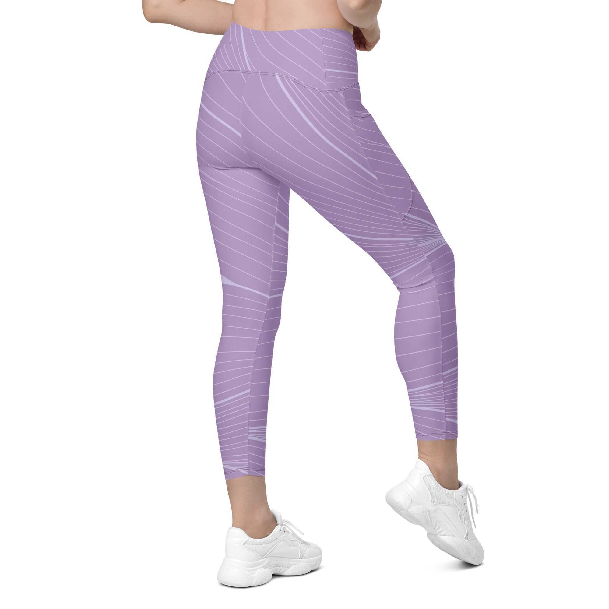 The Roma Sculpt Leggings in light lilac with graphic spiral lines, high-waisted, mild compression fit, dual side pockets, and triangle gusset for movement