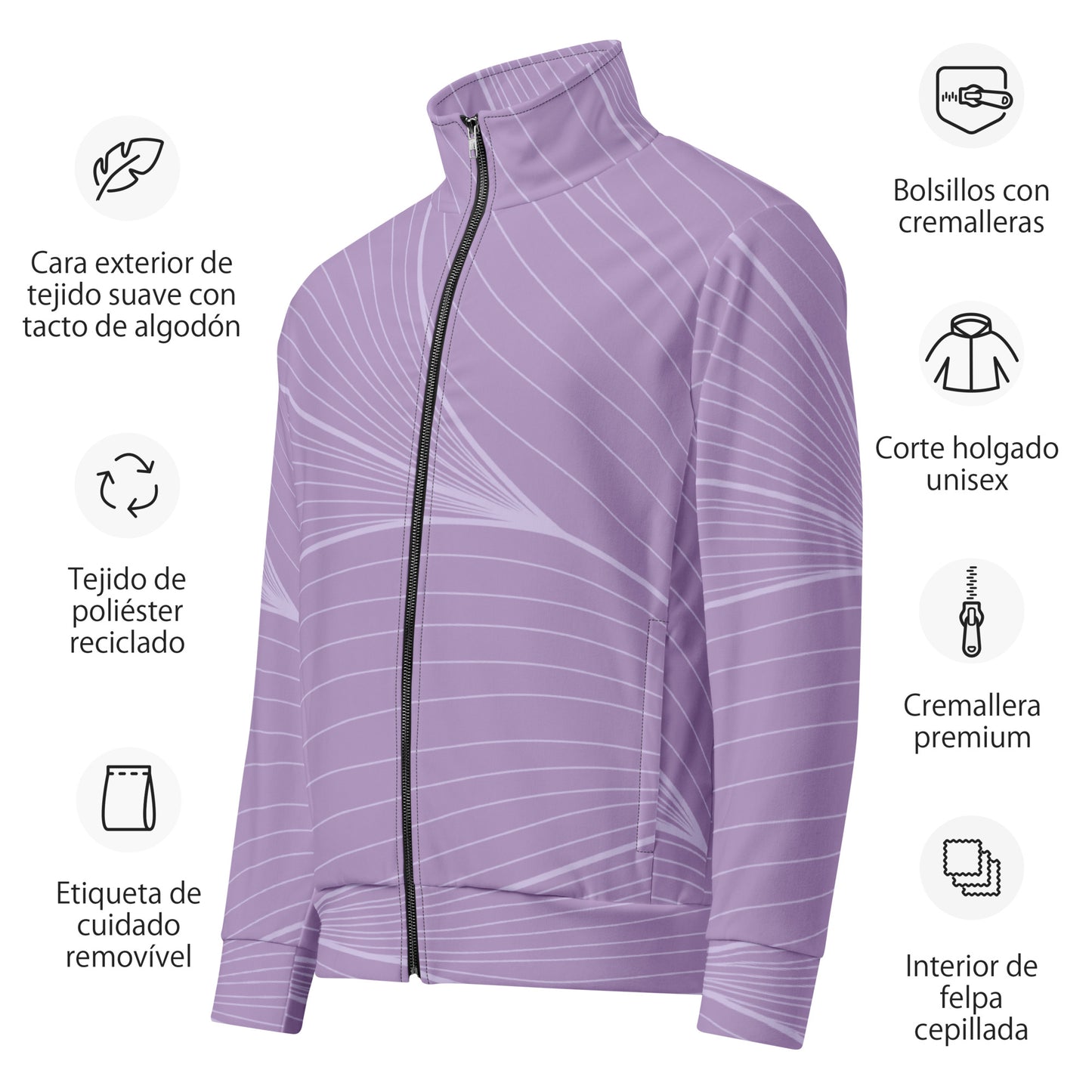 The Roma Track Jacket, showing the lightweight fit and the vibrant lilac graphic print 