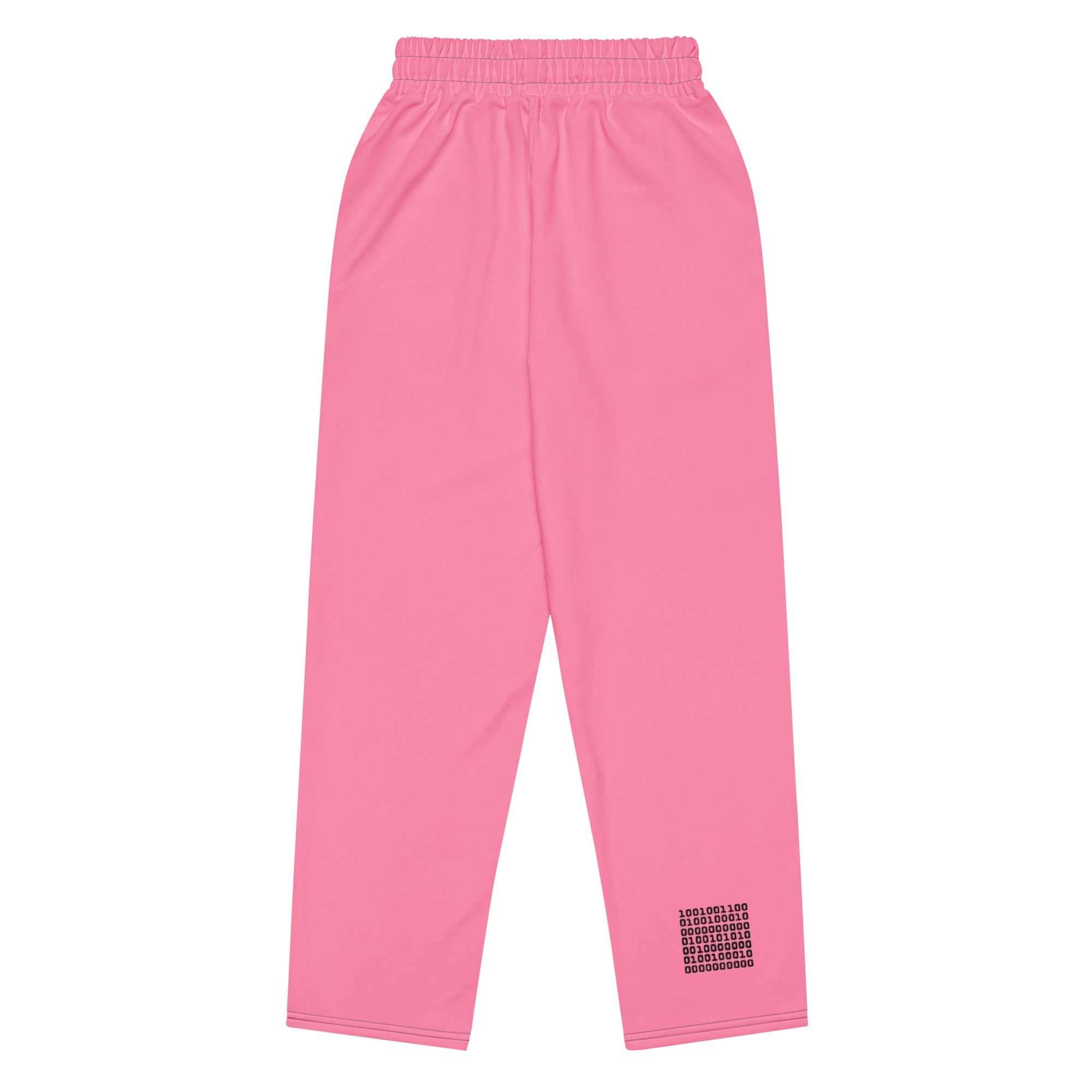 A close-up of The Seoul Pink Flow Wide Joggers, highlighting the playful Pop Cherry print, heritage logo, and the binary code pattern on the back left leg.