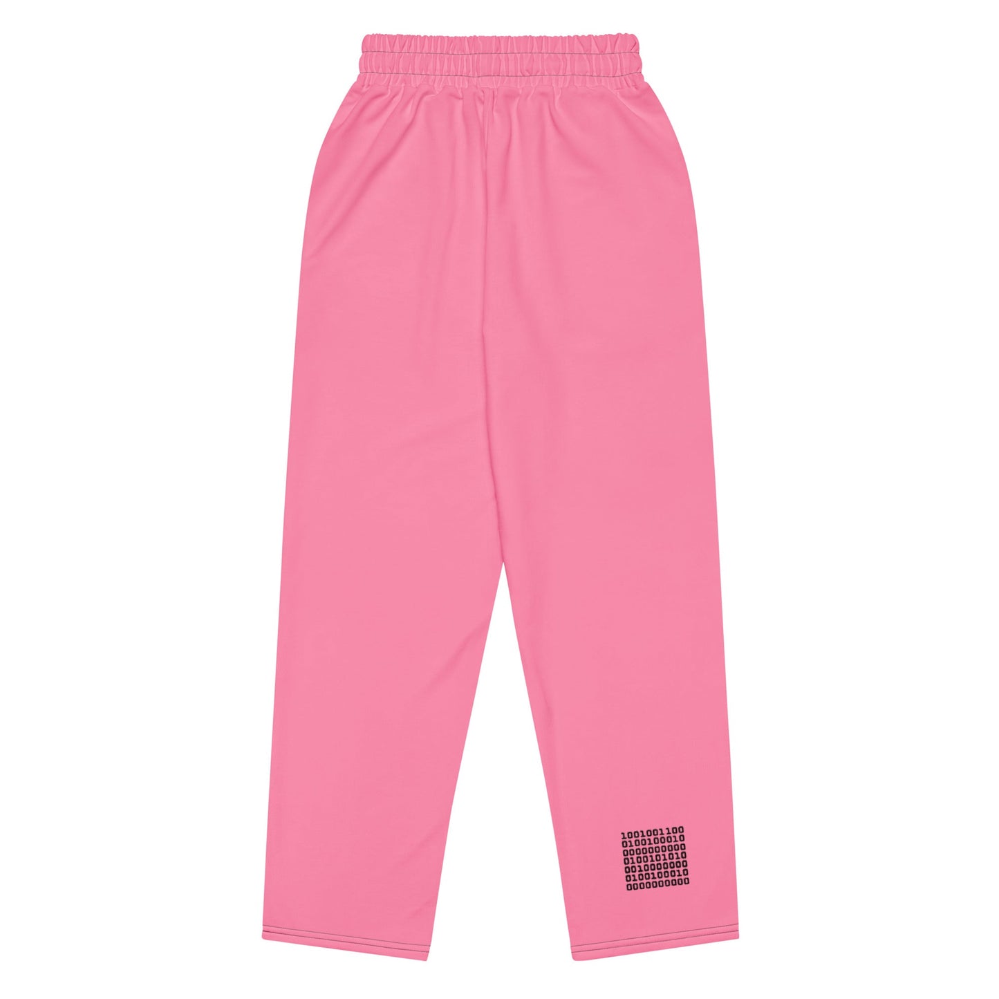 A close-up of The Seoul Pink Flow Wide Joggers, highlighting the playful Pop Cherry print, heritage logo, and the binary code pattern on the back left leg.