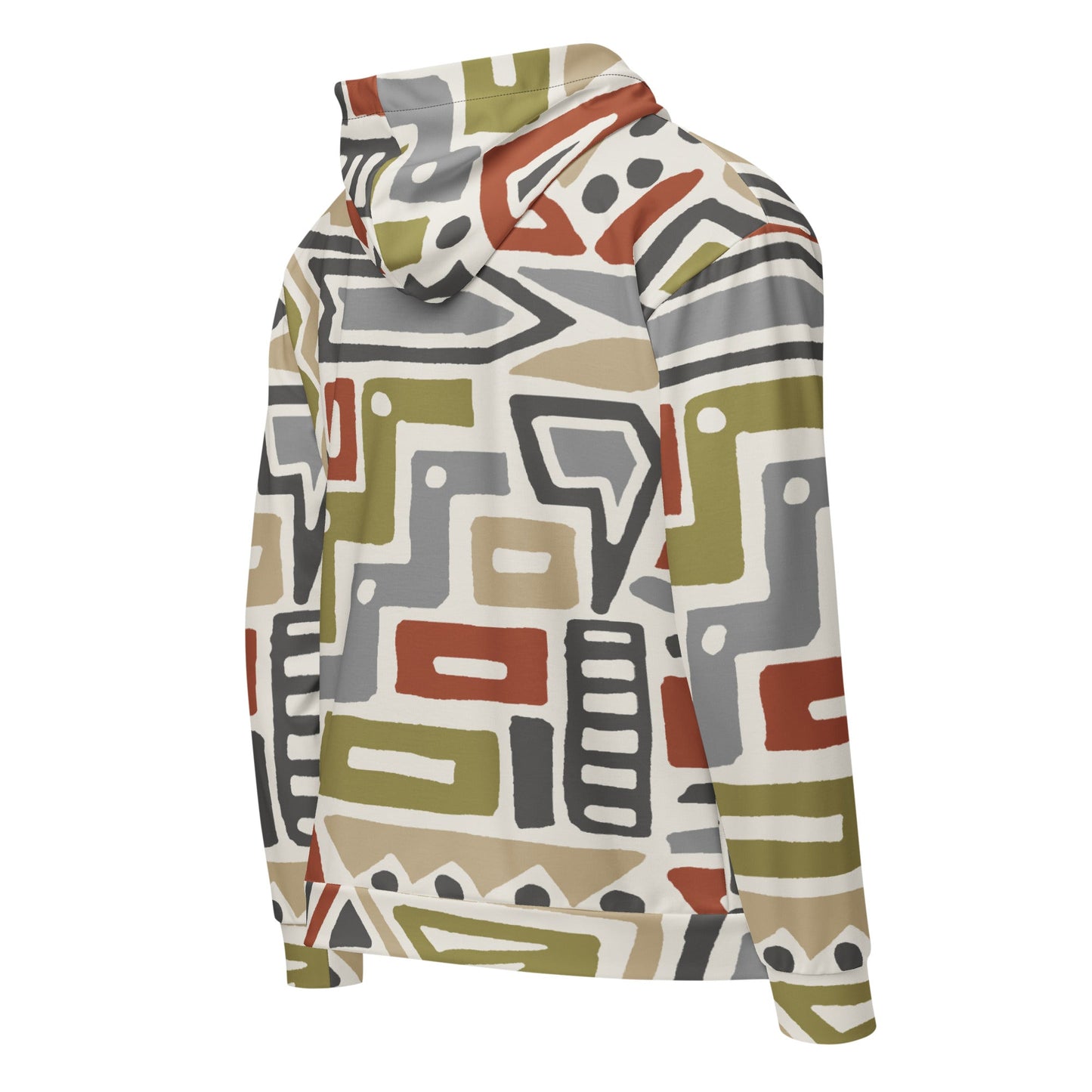 Close-up of The Shoreditch Zip Hoodie fabric, highlighting the textured, earthy tones of the geometric pattern and the soft feel of the 95% recycled polyester.