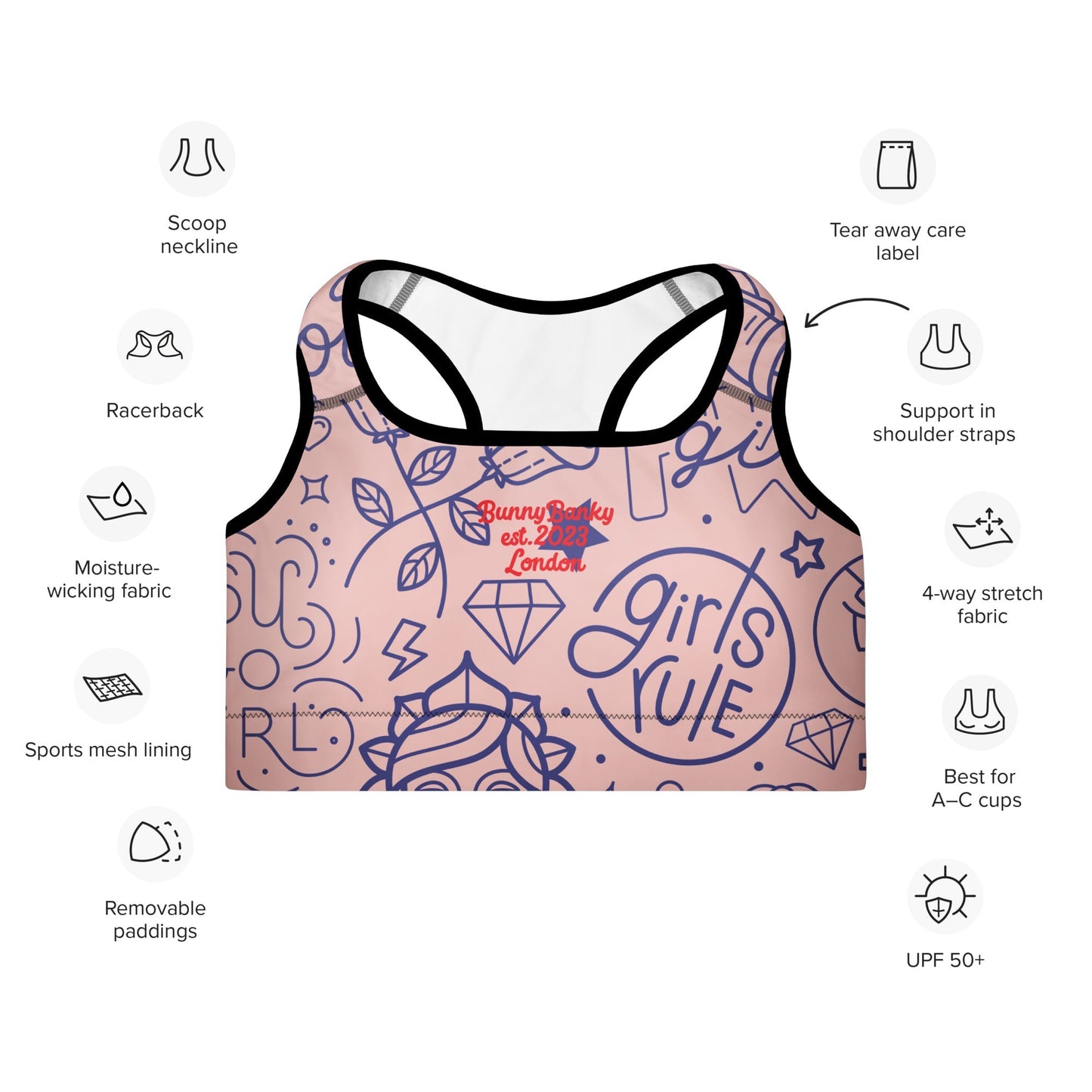A close up of The Sisterhood Performance Bra, showing the supportive fit and the high-impact "Girl Power" collage print.