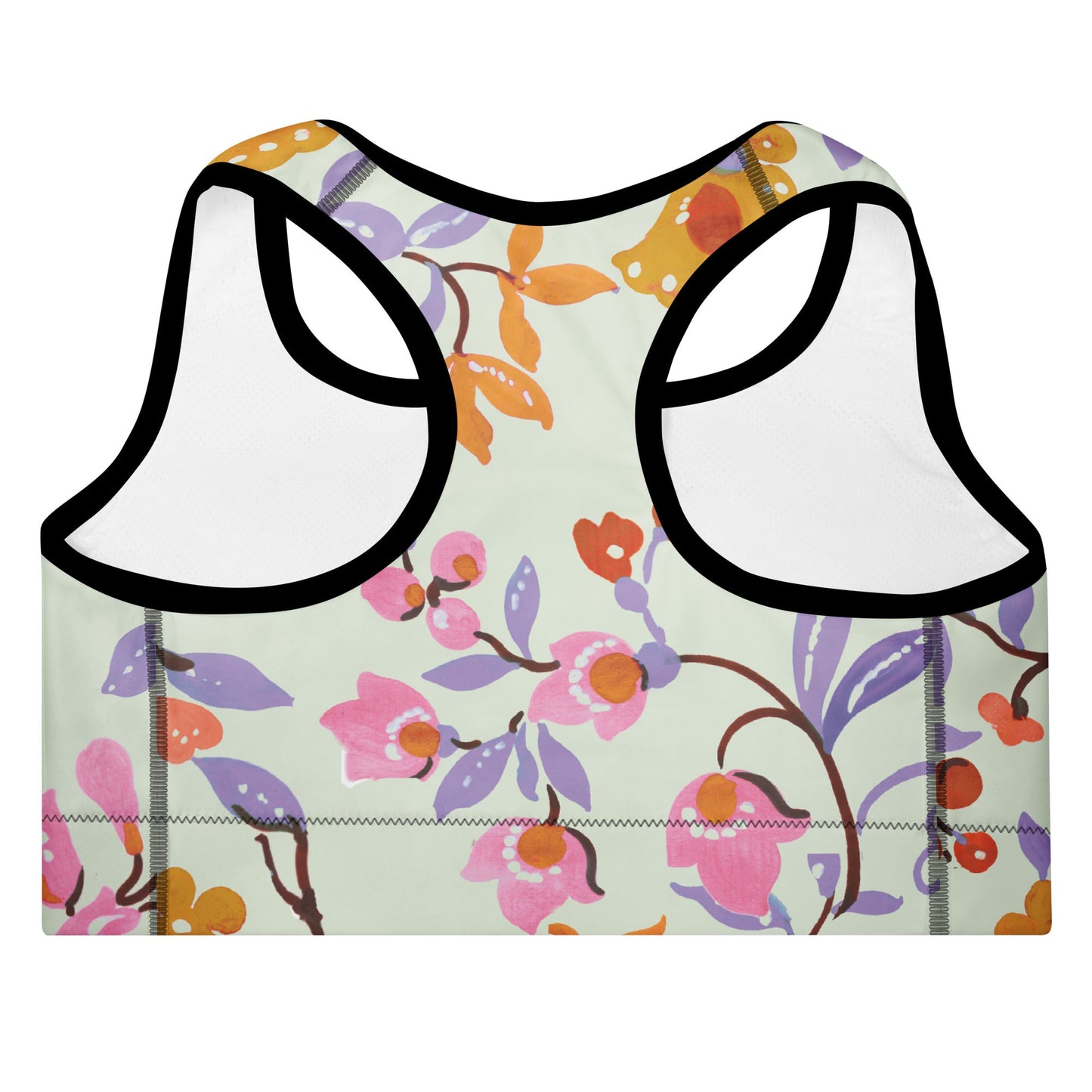 A close-up of The Sloane Square Performance Bra, highlighting the soft recycled fabric and the elegant pastel pink and lilac floral print.ed Sports Bra - BunnyBanky