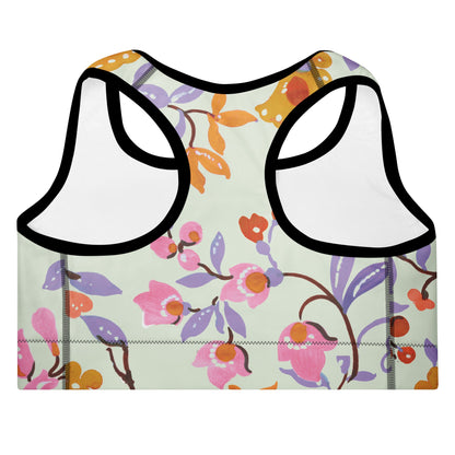 A close-up of The Sloane Square Performance Bra, highlighting the soft recycled fabric and the elegant pastel pink and lilac floral print.ed Sports Bra - BunnyBanky