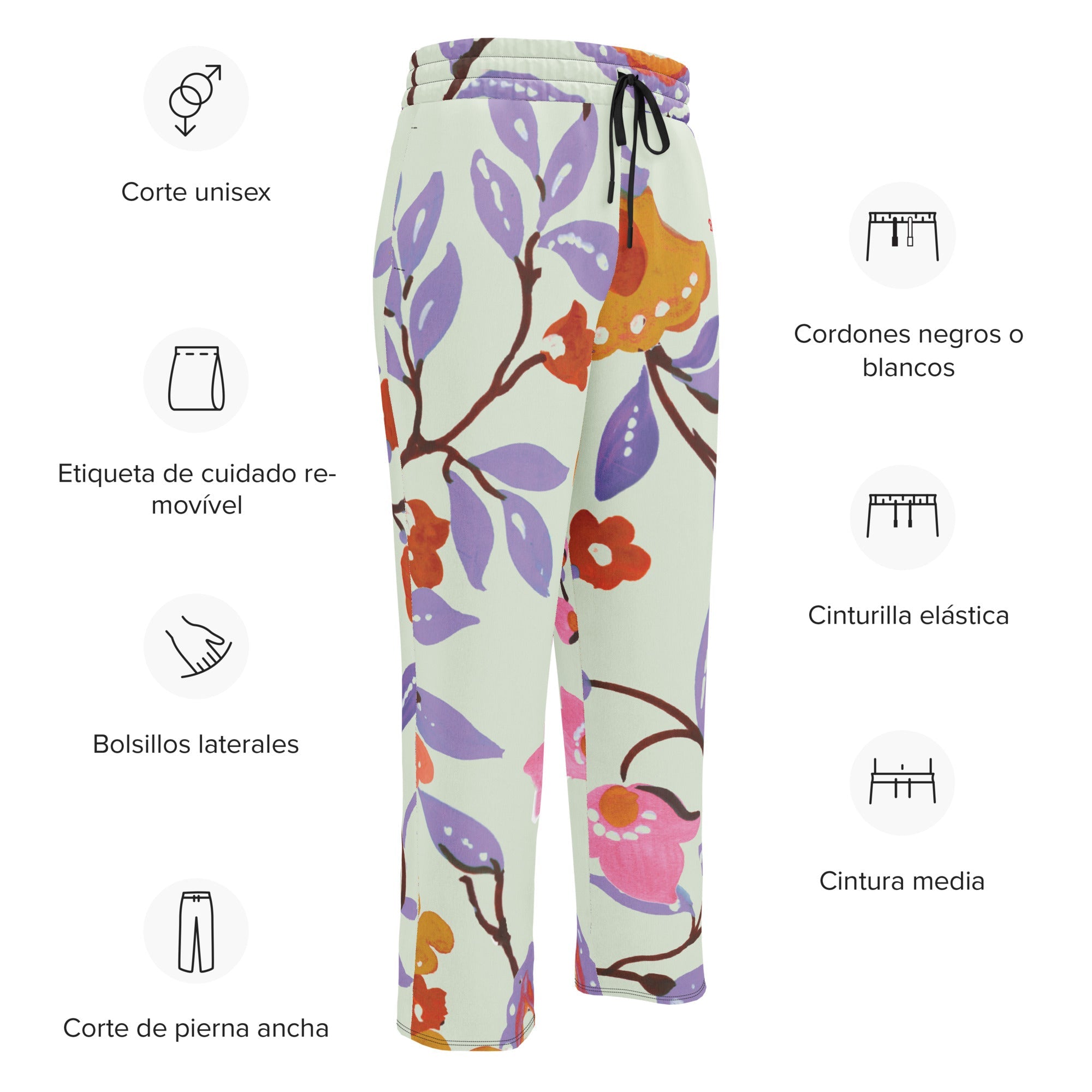 A close-up of The Sloane Square Flow Wide Joggers, highlighting the soft texture and the elegant pastel pink and lilac oversized floral print.