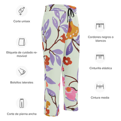 A close-up of The Sloane Square Flow Wide Joggers, highlighting the soft texture and the elegant pastel pink and lilac oversized floral print.