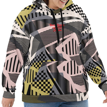 A  model wearing the Sydney Hoodie. The image highlights the Art Deco-inspired pattern of checkers and pinstripes in soft pink, sand, and olive tones, featuring red London branding.