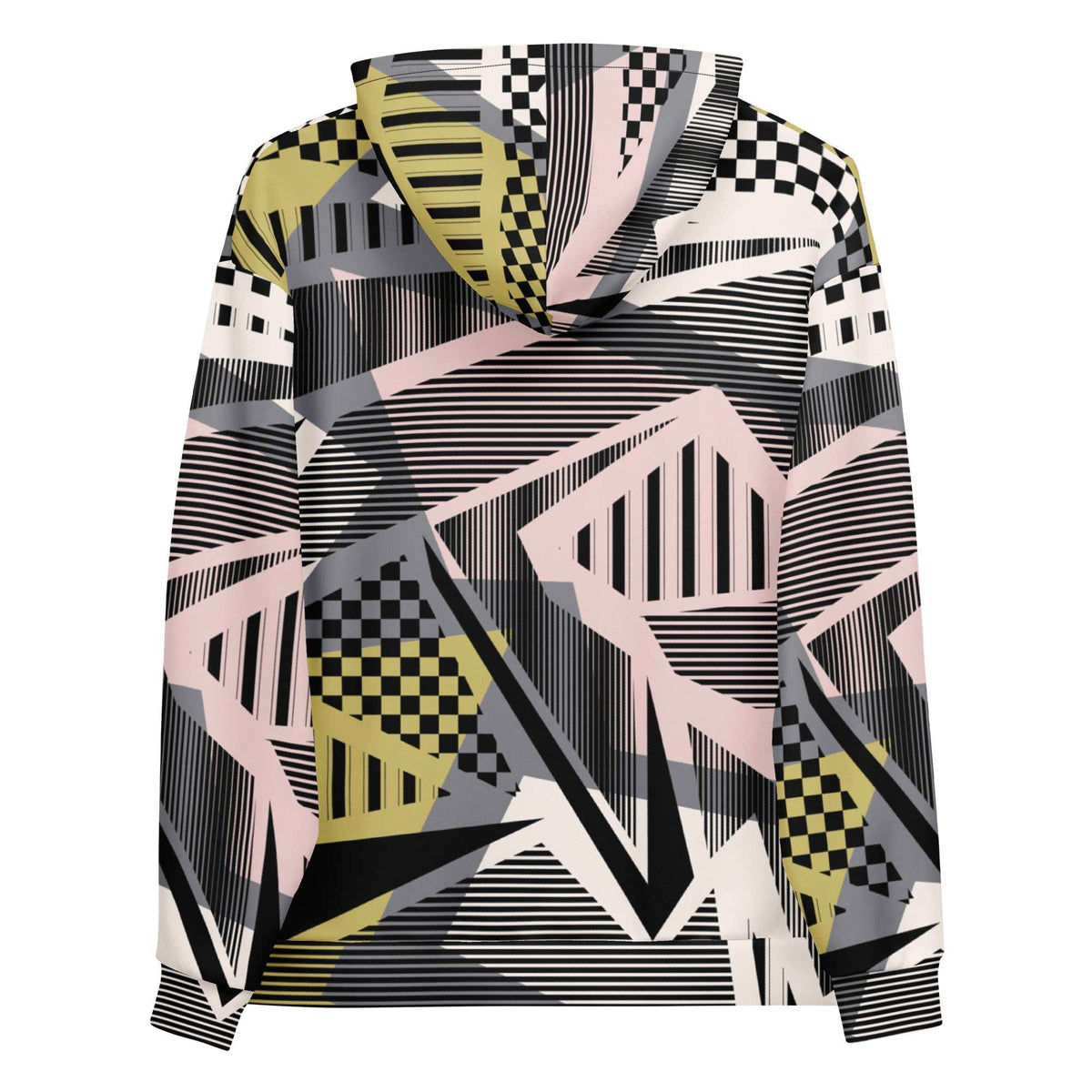 A close up of the Sydney Hoodie. The image highlights the Art Deco-inspired pattern of checkers and pinstripes in soft pink, sand, and olive tones, featuring red London branding.