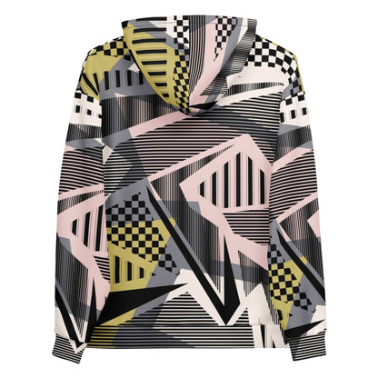 A close up of the Sydney Hoodie. The image highlights the Art Deco-inspired pattern of checkers and pinstripes in soft pink, sand, and olive tones, featuring red London branding.