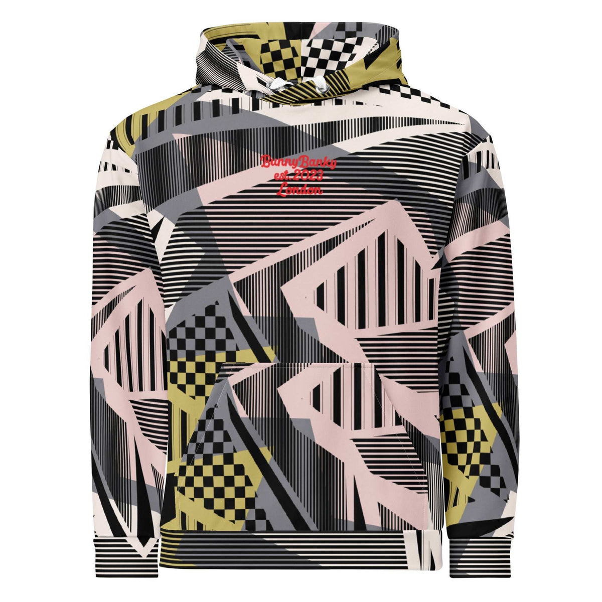 A close up of the Sydney Hoodie. The image highlights the Art Deco-inspired pattern of checkers and pinstripes in soft pink, sand, and olive tones, featuring red London branding.