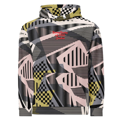 A close up of the Sydney Hoodie. The image highlights the Art Deco-inspired pattern of checkers and pinstripes in soft pink, sand, and olive tones, featuring red London branding.