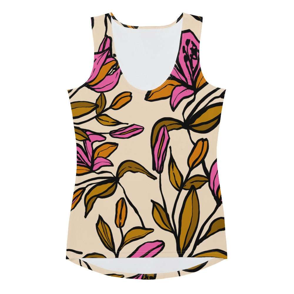 The Terra Performance Tank featuring vibrant pink  and green floral pattern on soft cream  fabric.