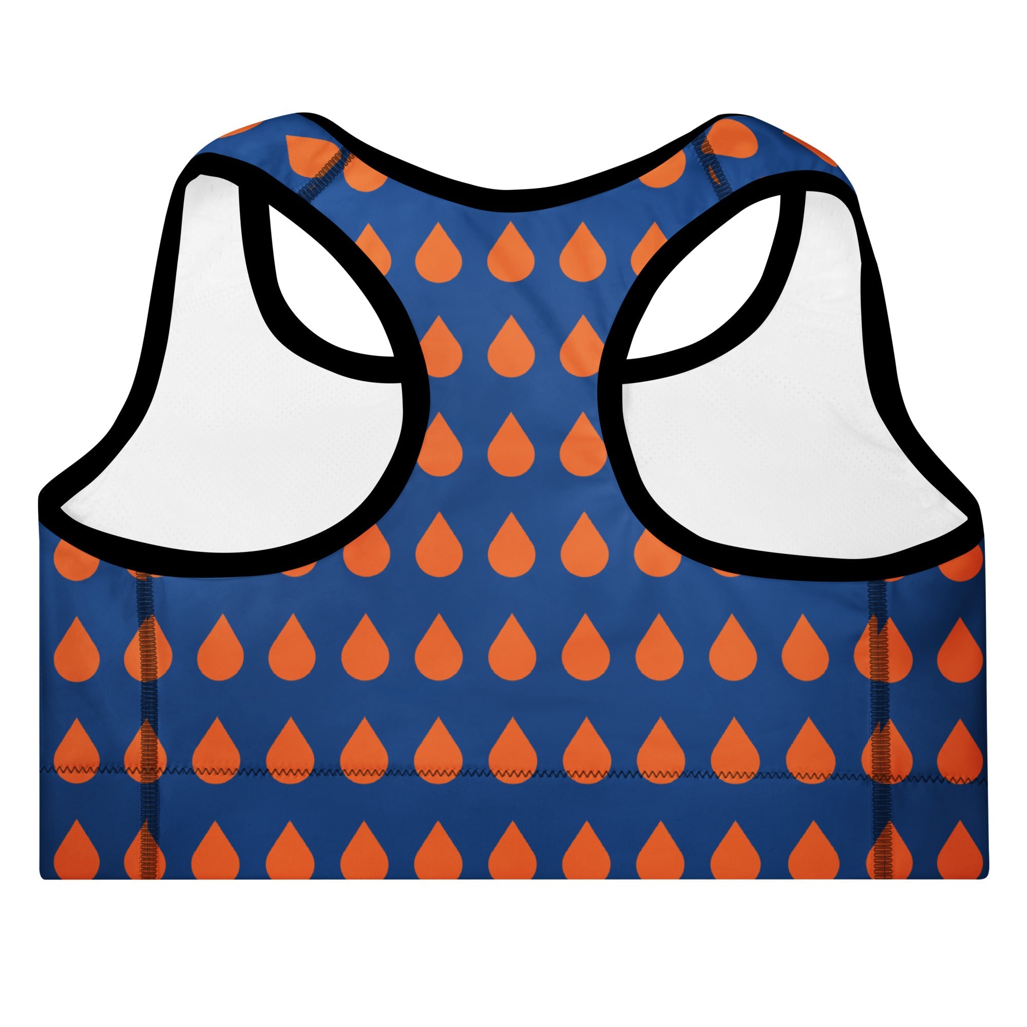 Close-up of the Thames Digital Atelier Performance Bra, showing the supportive fit and the sophisticated orange drops print on the deep navy blue background. Highlights the garment's construction and the text City Babe printed in black on the top front left.