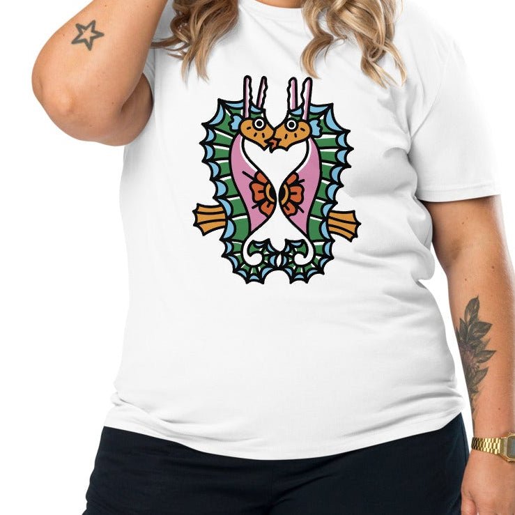 the white organic t-shirt featuring a symmetrical graphic of two colorful seahorses with bunny ears and floral details