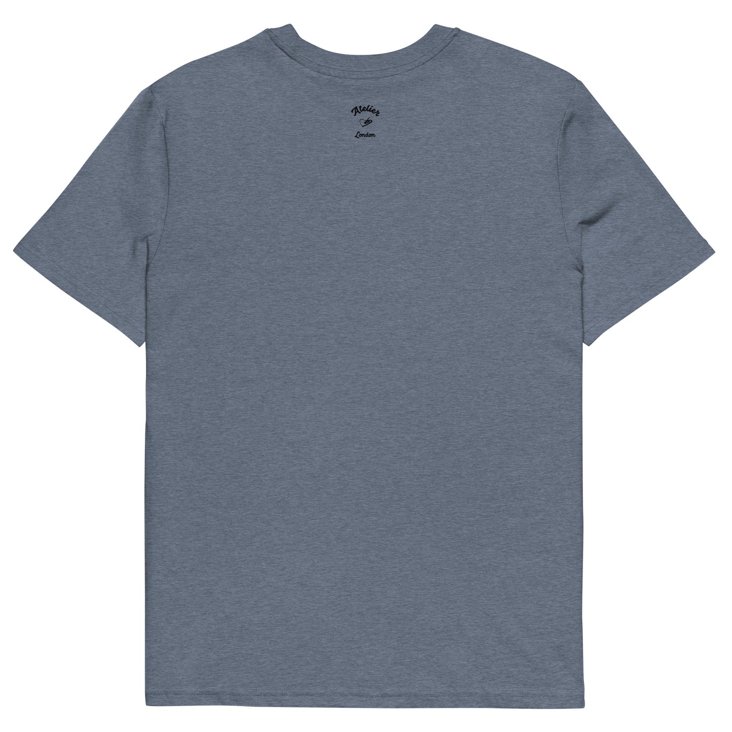 the blue denim organic t-shirt featuring a symmetrical graphic of two colorful seahorses with bunny ears and floral details