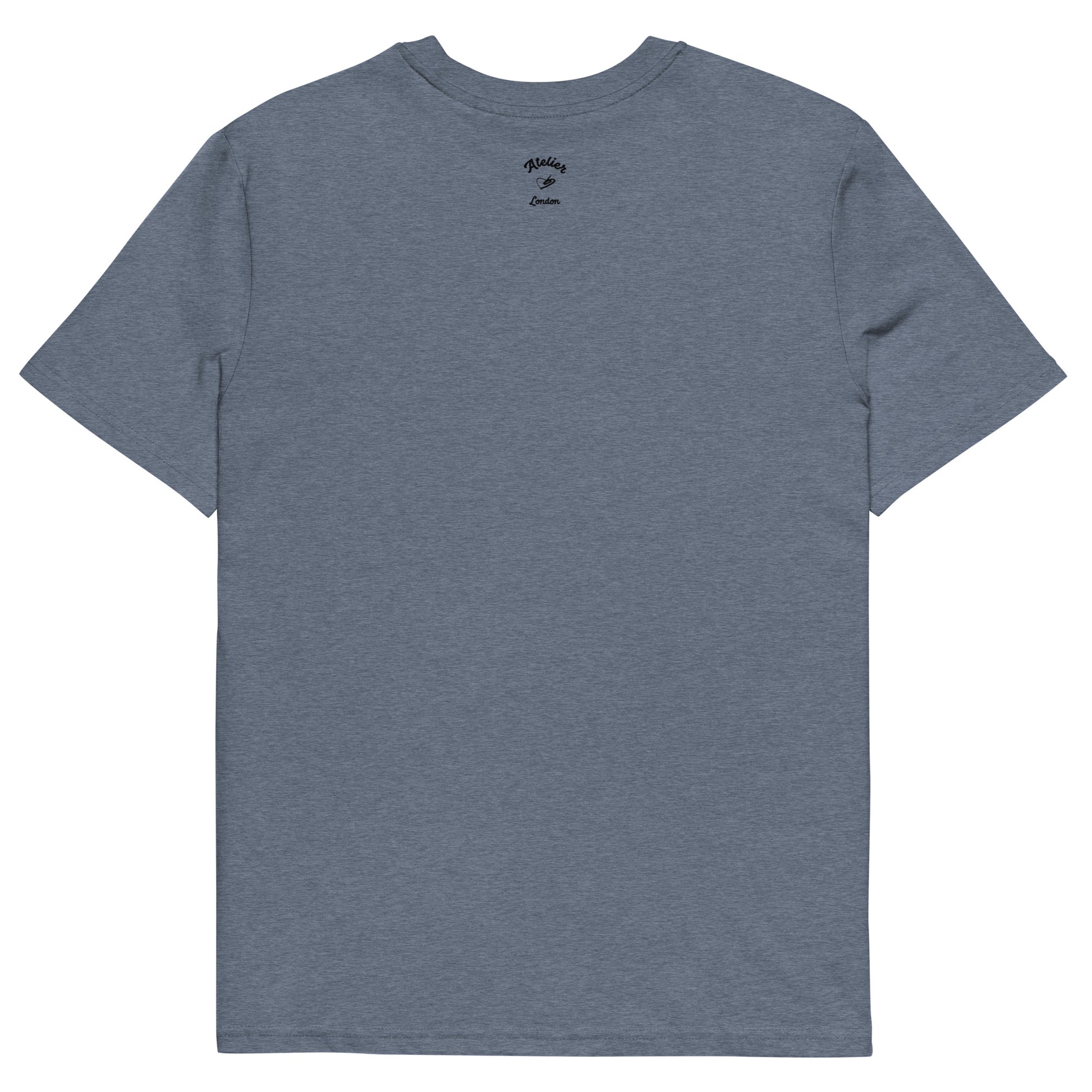 the blue denim organic t-shirt featuring a symmetrical graphic of two colorful seahorses with bunny ears and floral details