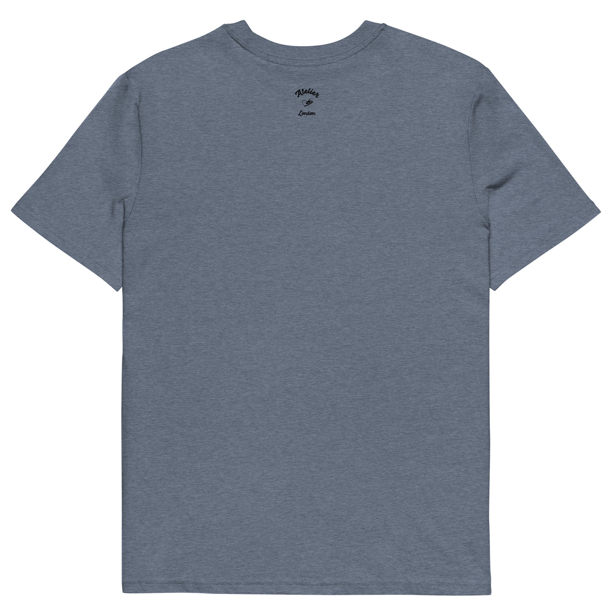 the blue denim organic t-shirt featuring a symmetrical graphic of two colorful seahorses with bunny ears and floral details