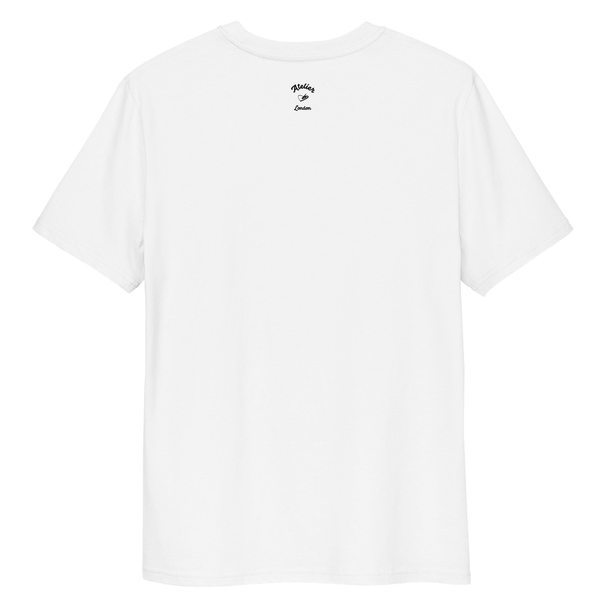 the white organic t-shirt featuring a symmetrical graphic of two colorful seahorses with bunny ears and floral details