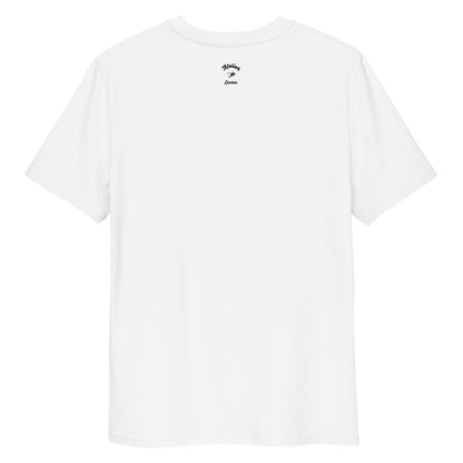 the white organic t-shirt featuring a symmetrical graphic of two colorful seahorses with bunny ears and floral details