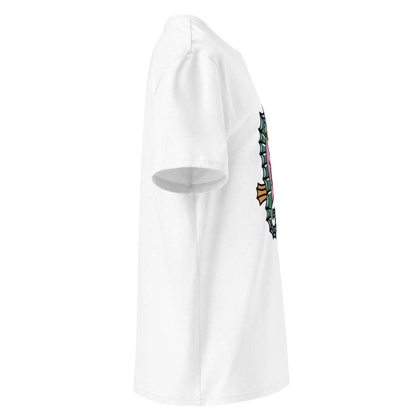 the white organic t-shirt featuring a symmetrical graphic of two colorful seahorses with bunny ears and floral details