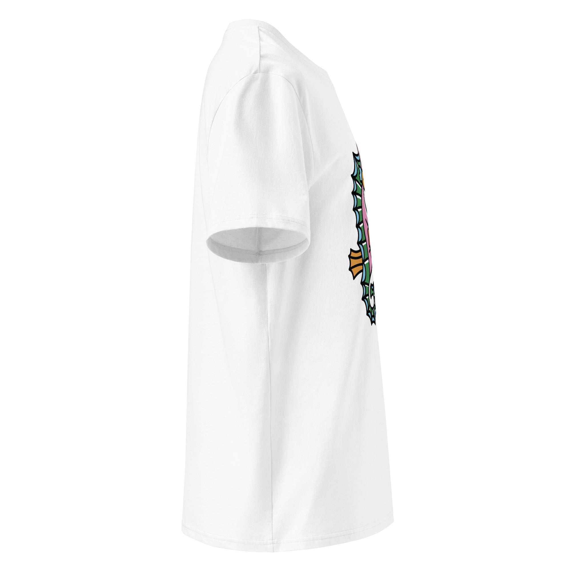 the white organic t-shirt featuring a symmetrical graphic of two colorful seahorses with bunny ears and floral details
