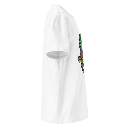 the white organic t-shirt featuring a symmetrical graphic of two colorful seahorses with bunny ears and floral details