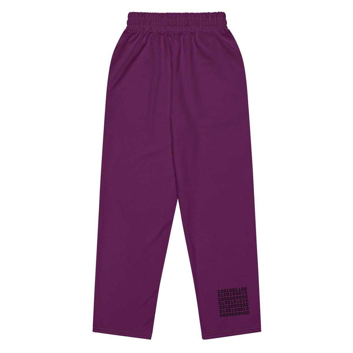 A close-up of The Tokyo Purple Flow Joggers, highlighting the unique binary code print (1s and 0s) printed on the back left leg, fusing data and style. 