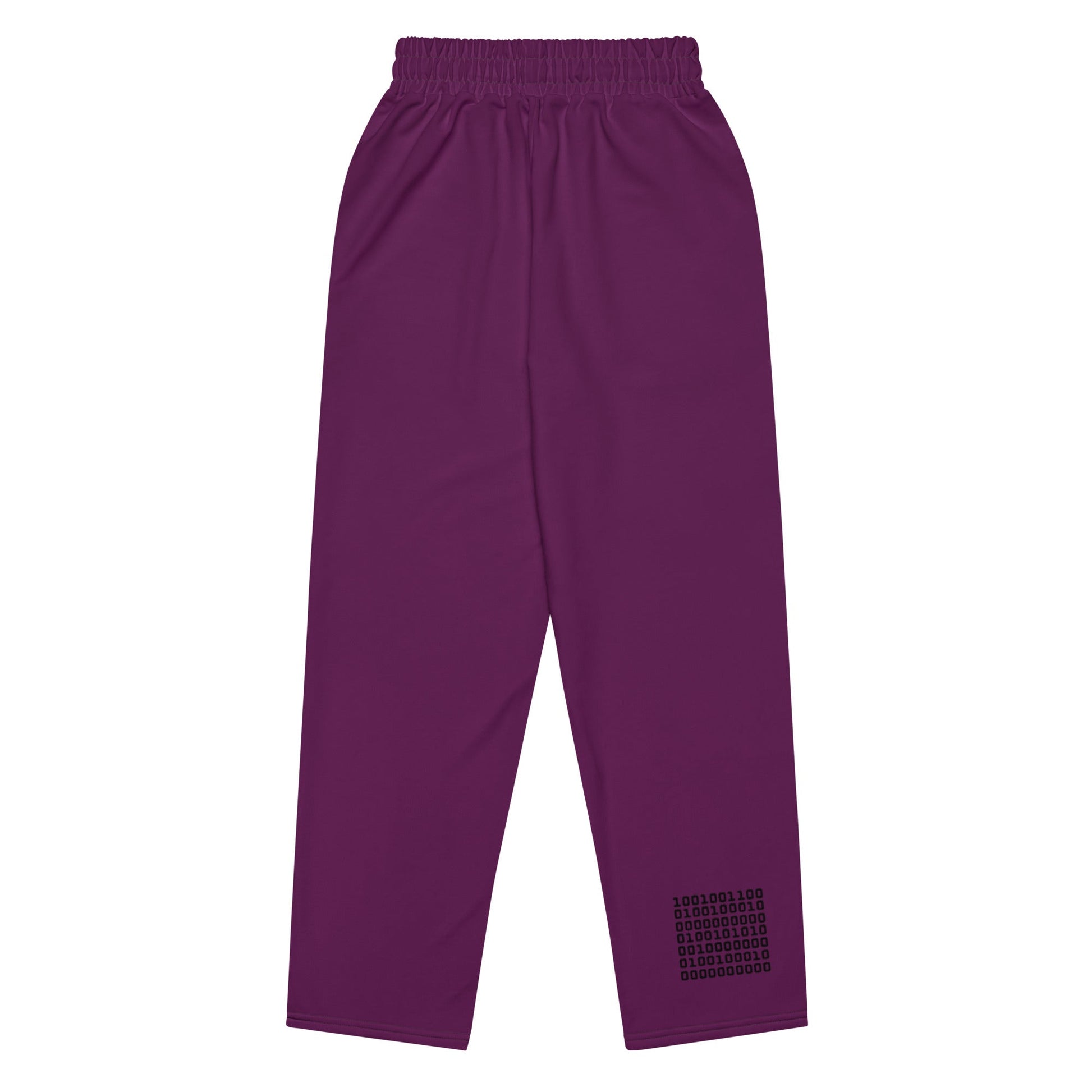 A close-up of The Tokyo Purple Flow Wide Joggers, highlighting the unique binary code print (1s and 0s) printed on the back left leg, fusing data and style. 