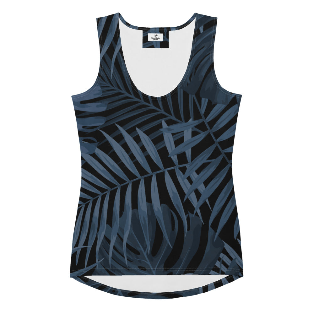 The Toulouse Performance Tank. A sleeveless racerback tank top featuring a dark navy blue and black tropical palm leaf pattern, displayed on a clean white background.