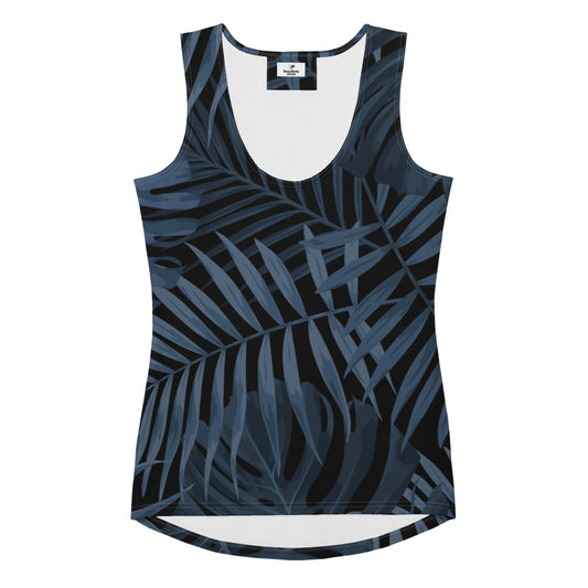 The Toulouse Performance Tank. A sleeveless racerback tank top featuring a dark navy blue and black tropical palm leaf pattern, displayed on a clean white background.